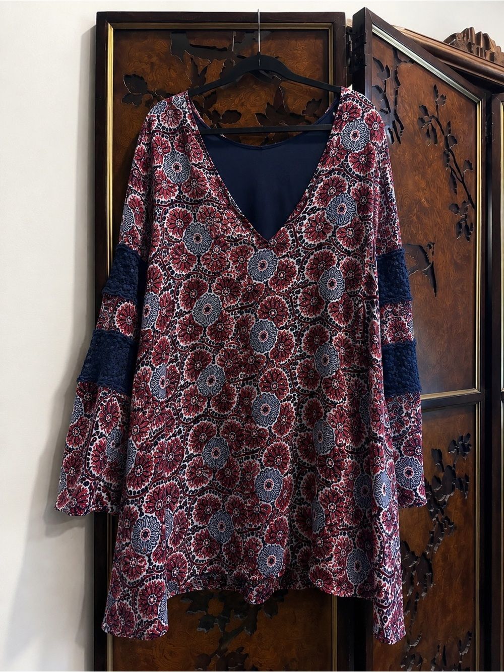 Ninety Navy and Red Floral Mixed-Print Tunic
